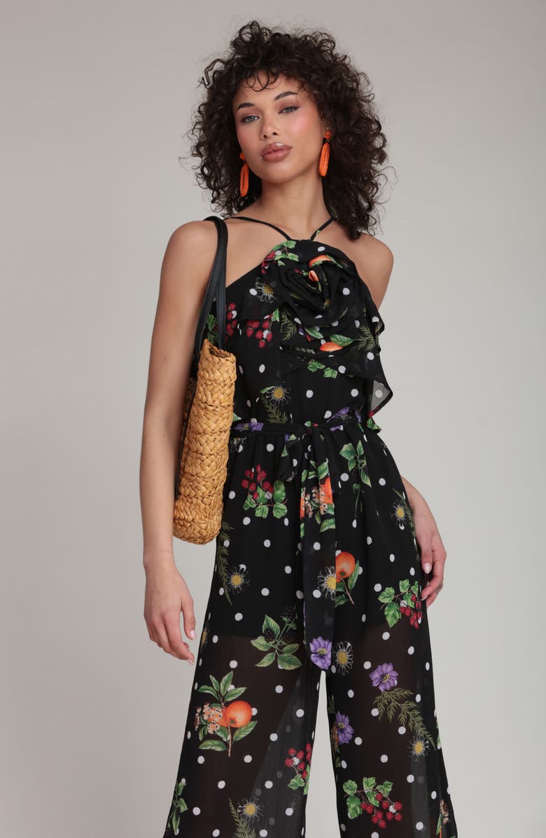 Avec Les Filles Rose Halter Neck Jumpsuit, Alternate, color, Black Scattered Botanical