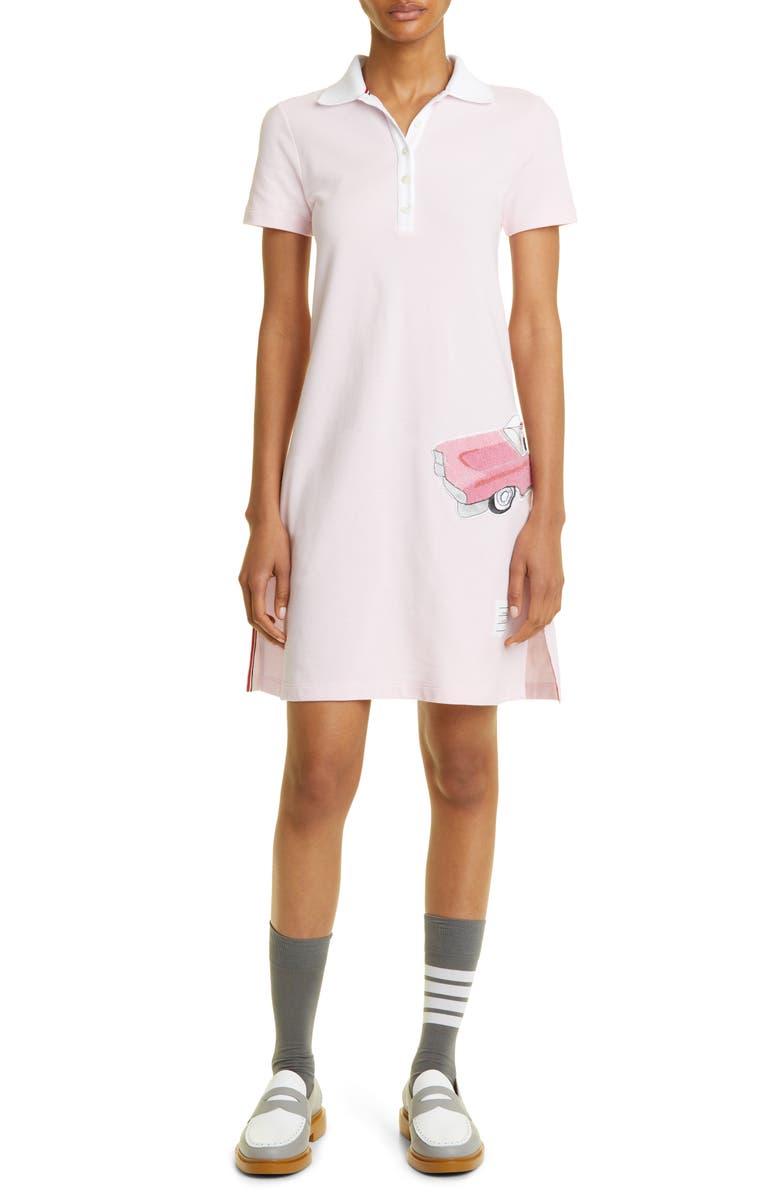 Thom Browne Car Bouclé Patch Embroidered Short Sleeve Silk Piqué Polo Dress, Main, color,