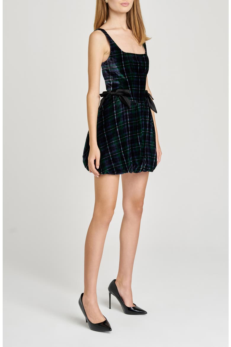 Brielle Bubble Hem Velvet Minidress, Alternate, color, BLUE-GREEN PLAID