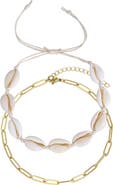 Adornia Set of 2 18K Gold Plated Paper Clip Chain & Shell Anklets