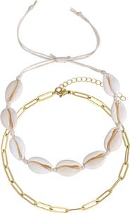 Adornia Set of 2 18K Gold Plated Paper Clip Chain & Shell Anklets