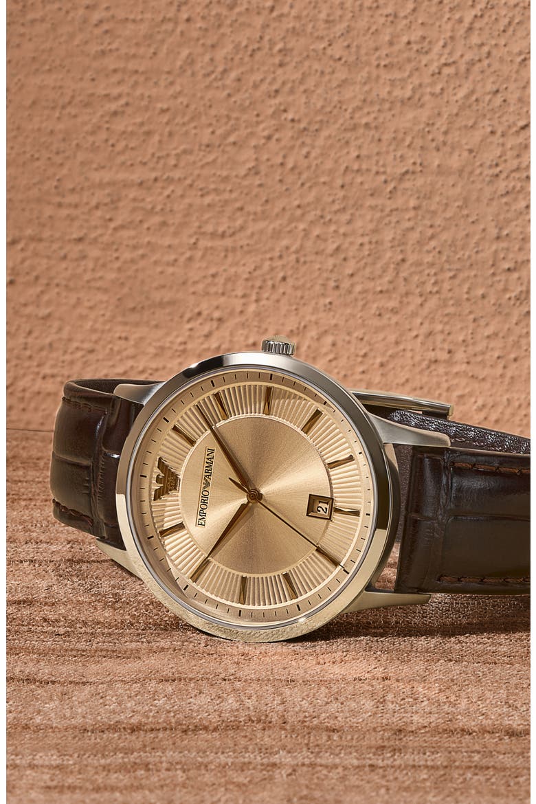 Three-Hand Leather Strap Watch, 43mm, Alternate, color, BROWN