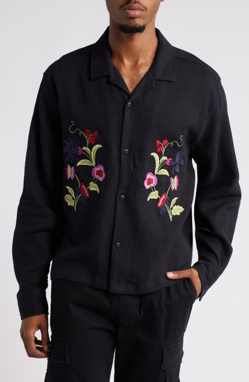 PacSun Floral Embroidered Crop Long Sleeve Camp Shirt in Asphalt 