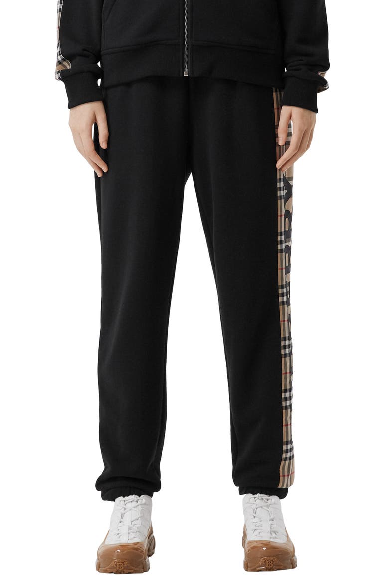 Raine Vintage Check Panel Cotton Track Pants, Main, color, BLACK