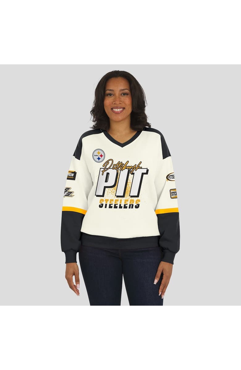 WEAR by Erin Andrews Women's WEAR by Erin Andrews  Cream Pittsburgh Steelers Racing Crew V-Neck Sweatshirt, Alternate, color, Cream