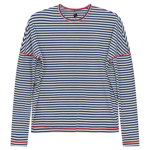 Striped Contrast Stitch Drop Shoulder Long Sleeve Top