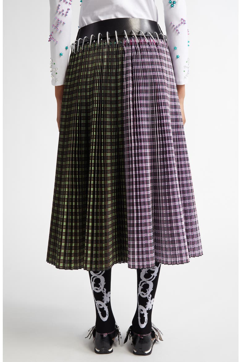 Catherine Mixed Plaid Pleated Carabiner Midi Skirt, Alternate, color, GREEN AND PINK TARTAN