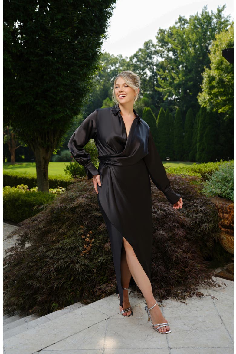 satin black dress with sleeves After Six Women's Mixed Media Gown - Black