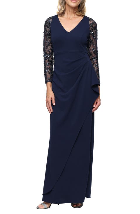Beaded Long Sleeve Crepe Gown