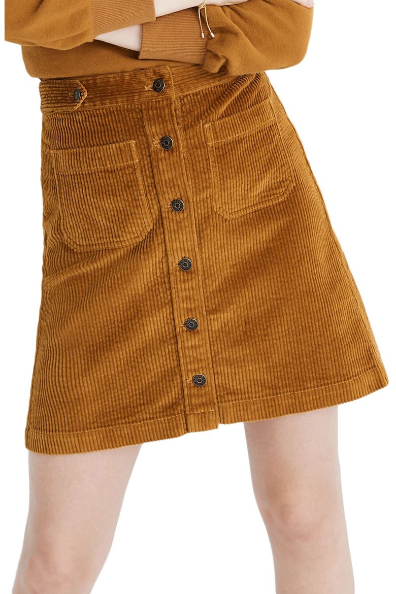 Button Front A-Line Corduroy Skirt, Main, color, EGYPTIAN GOLD