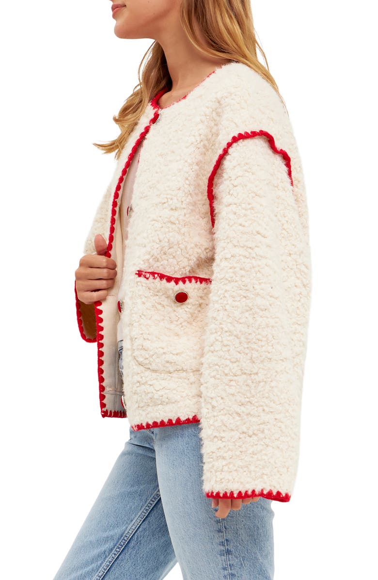 English Factory Premium Contrast Trim Faux Shearling Jacket, Alternate, color, Ivory