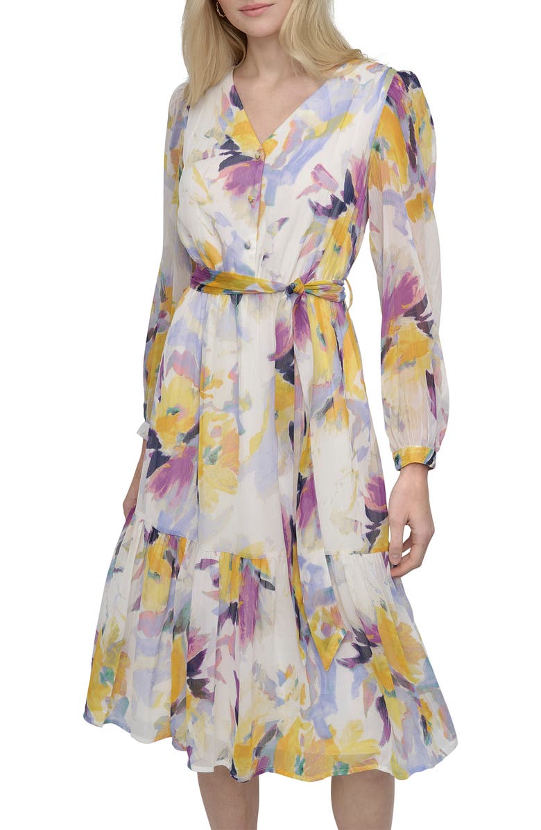 DKNY V-Neck Fit & Flare Dress, Alternate, color, Sunshine Multi