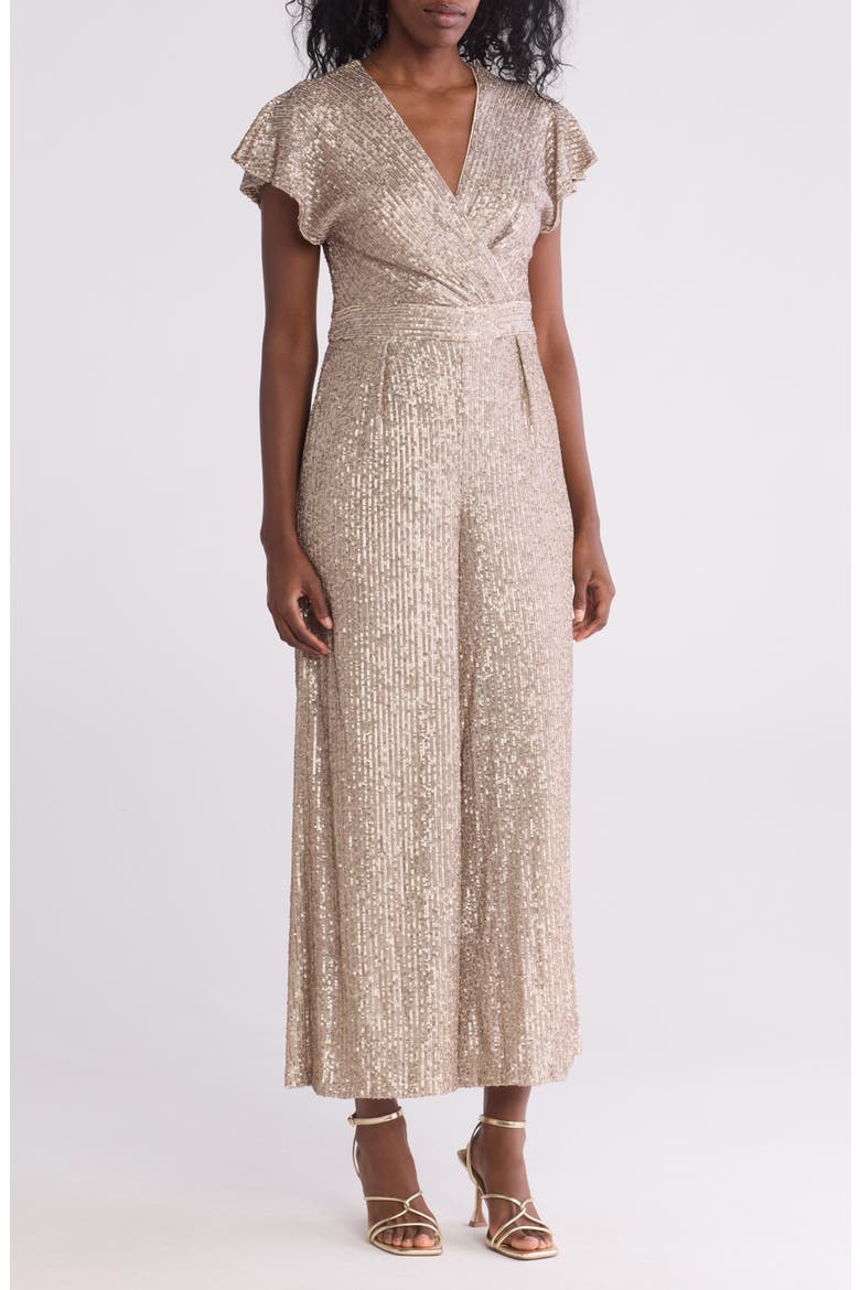 Sequin Flutter Sleeve Jumpsuit, Main, color, TAUPE