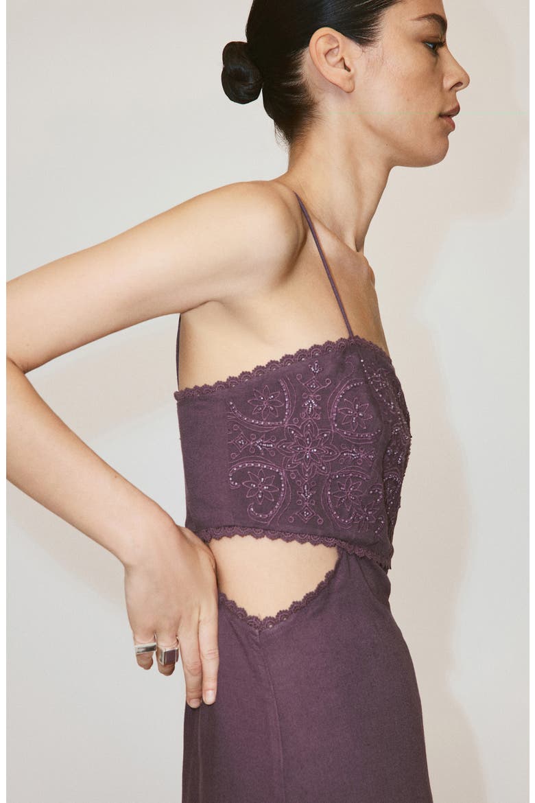 Embroidered Beaded Linen Blend Dress, Alternate, color, PLUM
