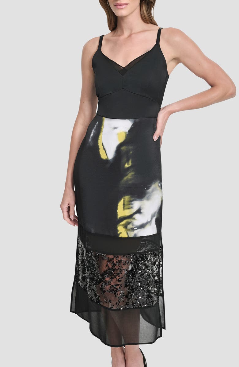 DKNY Mesh & Sequin Paneled Midi Skirt, Alternate, color, Marbled Citronella