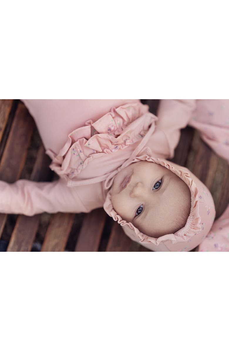 Manière Floral Ruffle Cotton Footie, Alternate, color, Mauve