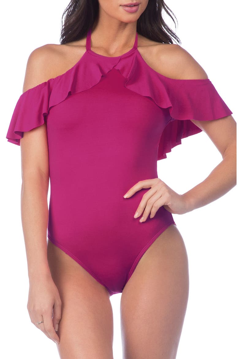 Island Goddess Cold Shoulder One-Piece Swimsuit, Main, color, MAGENTA