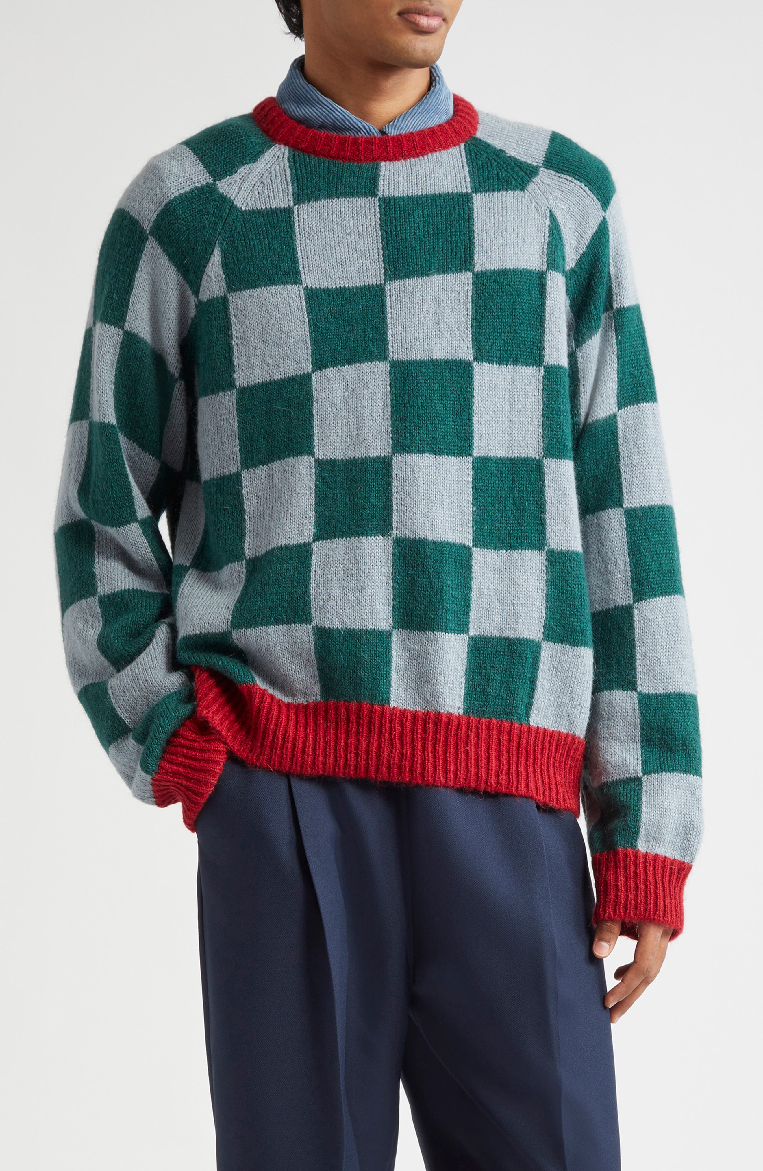 STOCKHOLM SURFBOARD CLUB Rag Check Crewneck Sweater in Blue/Green/Red 