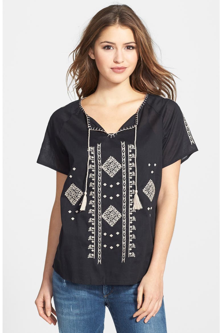 Embroidered Split Neck Top, Main, color, BLACK- TAN MEMOIR