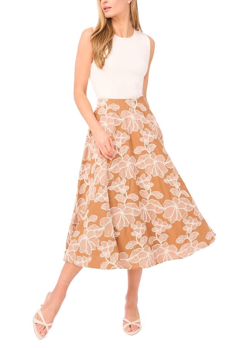Ida Floral Embroidered Cotton Midi Skirt, Alternate, color, ALMOND