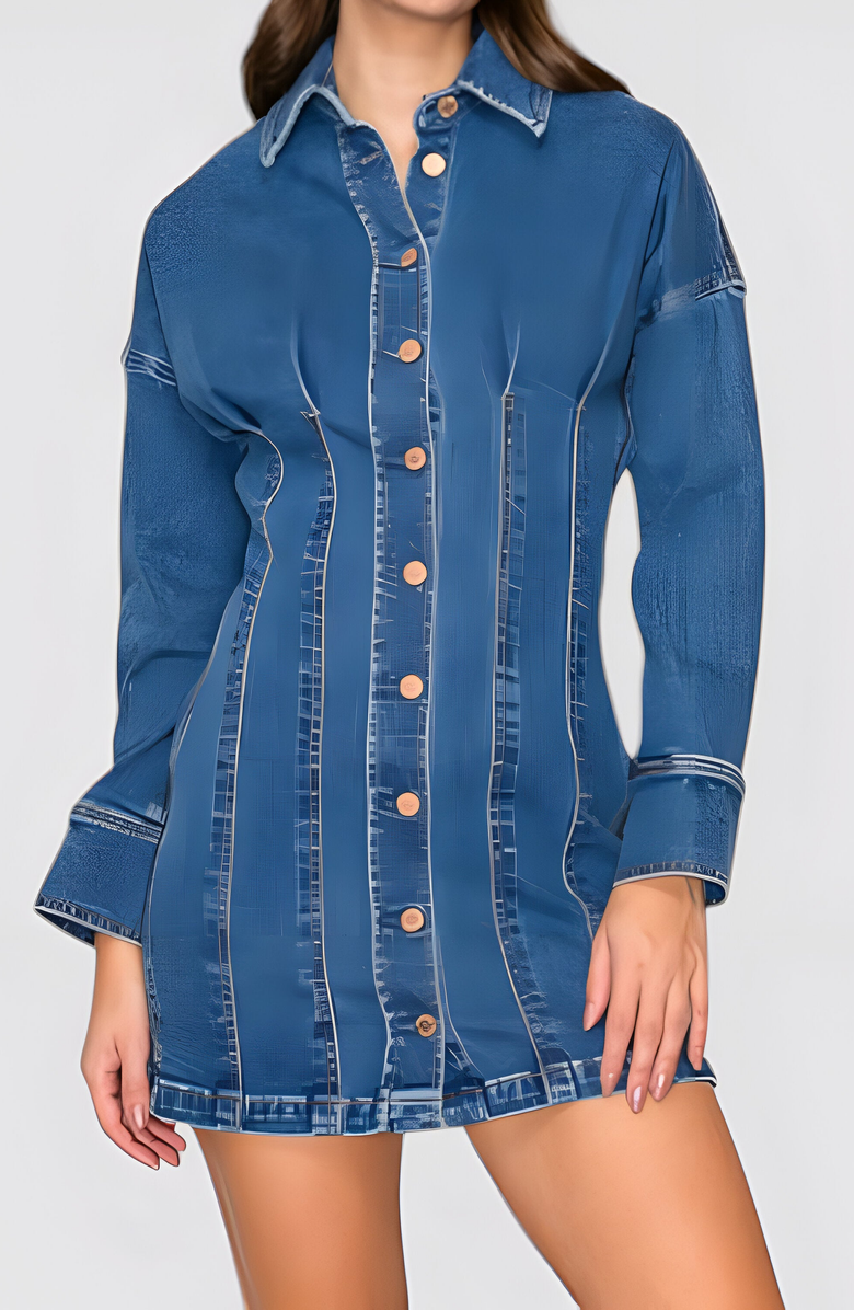 Modenaire Denim Button Front Mini Dress with Long Sleeves and Contrast Seaming, Alternate, color, 