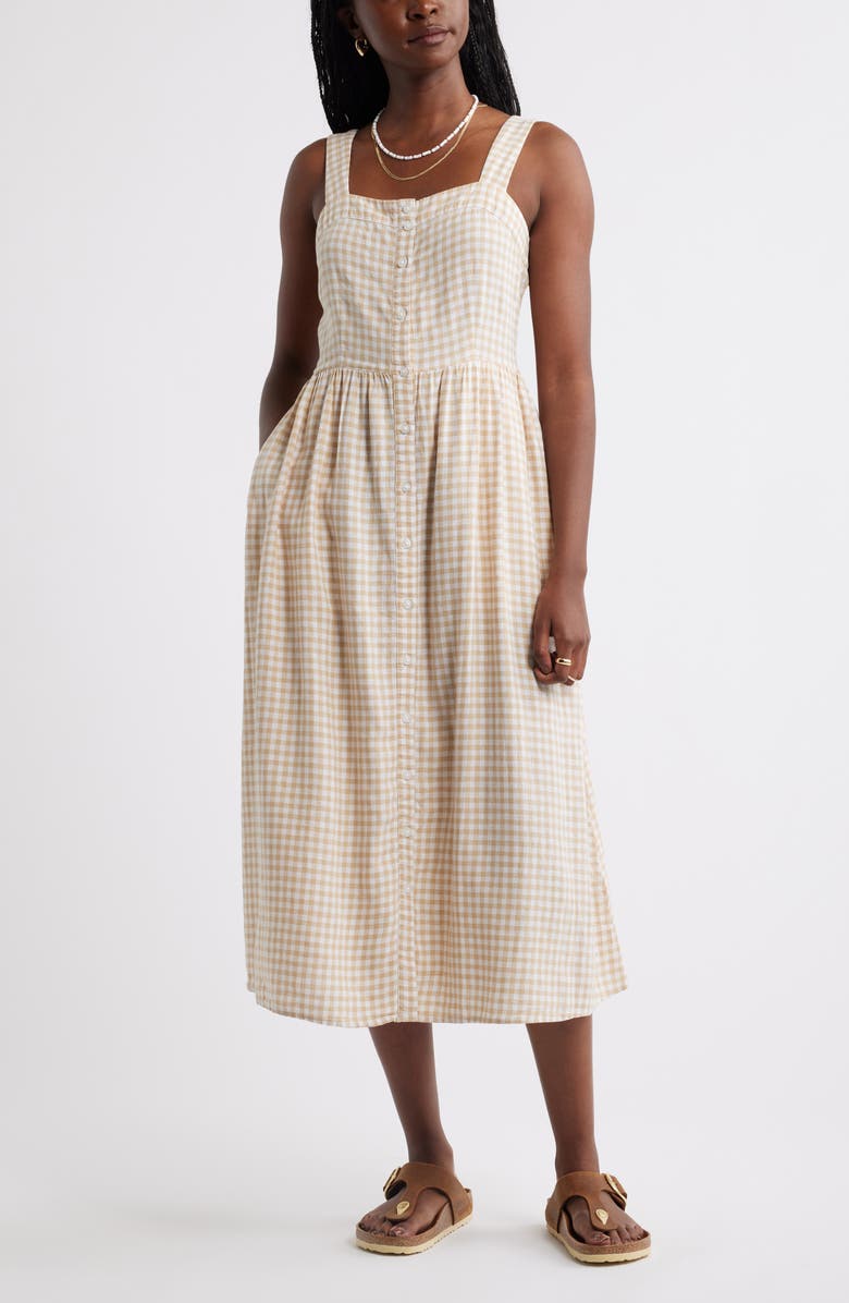 Caslon<sup>®</sup> Checkered Button Front Midi Dress, Main, color, Tan Shore- White Gingham