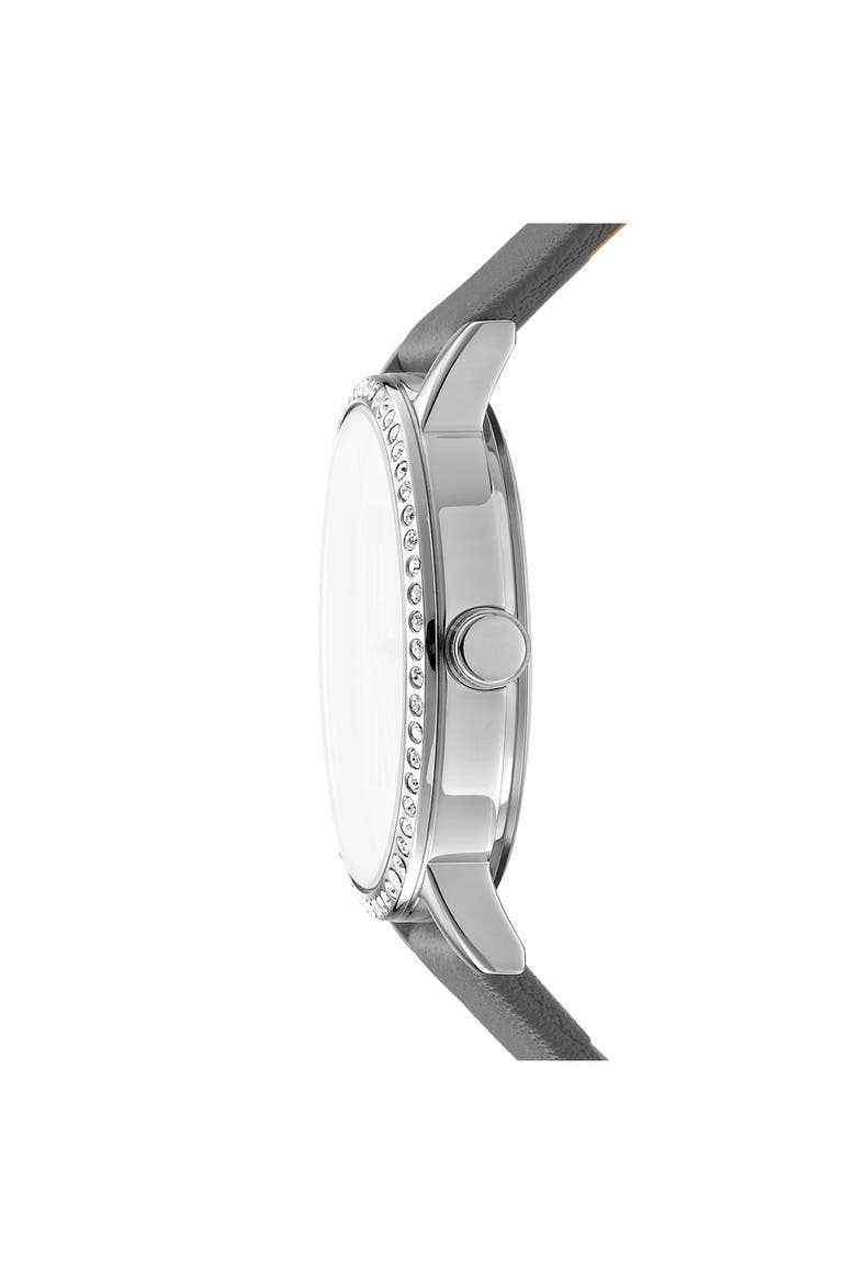 Logo Crystal Bezel Leather Strap Watch, 36mm, Alternate, color, SILVER