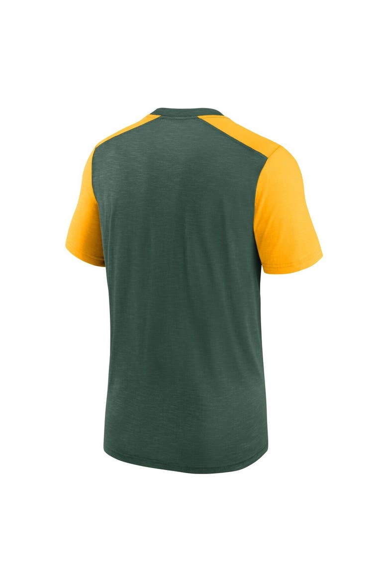 Men's Nike Heathered Green/Heathered Gold Green Bay Packers Color Block Team Name T-Shirt, Alternate, color, Heather Green