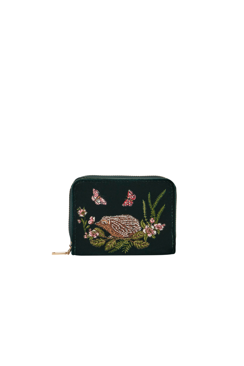Hedgehog Velvet Embroidered Small Wallet, Main, color, Dark Green