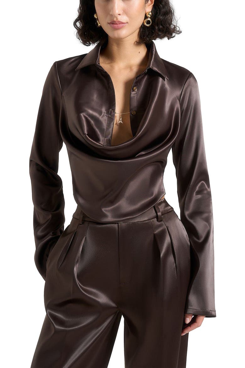 Satia Satin Cowl Shirt with Chain Detail, Alternate, color, Brown