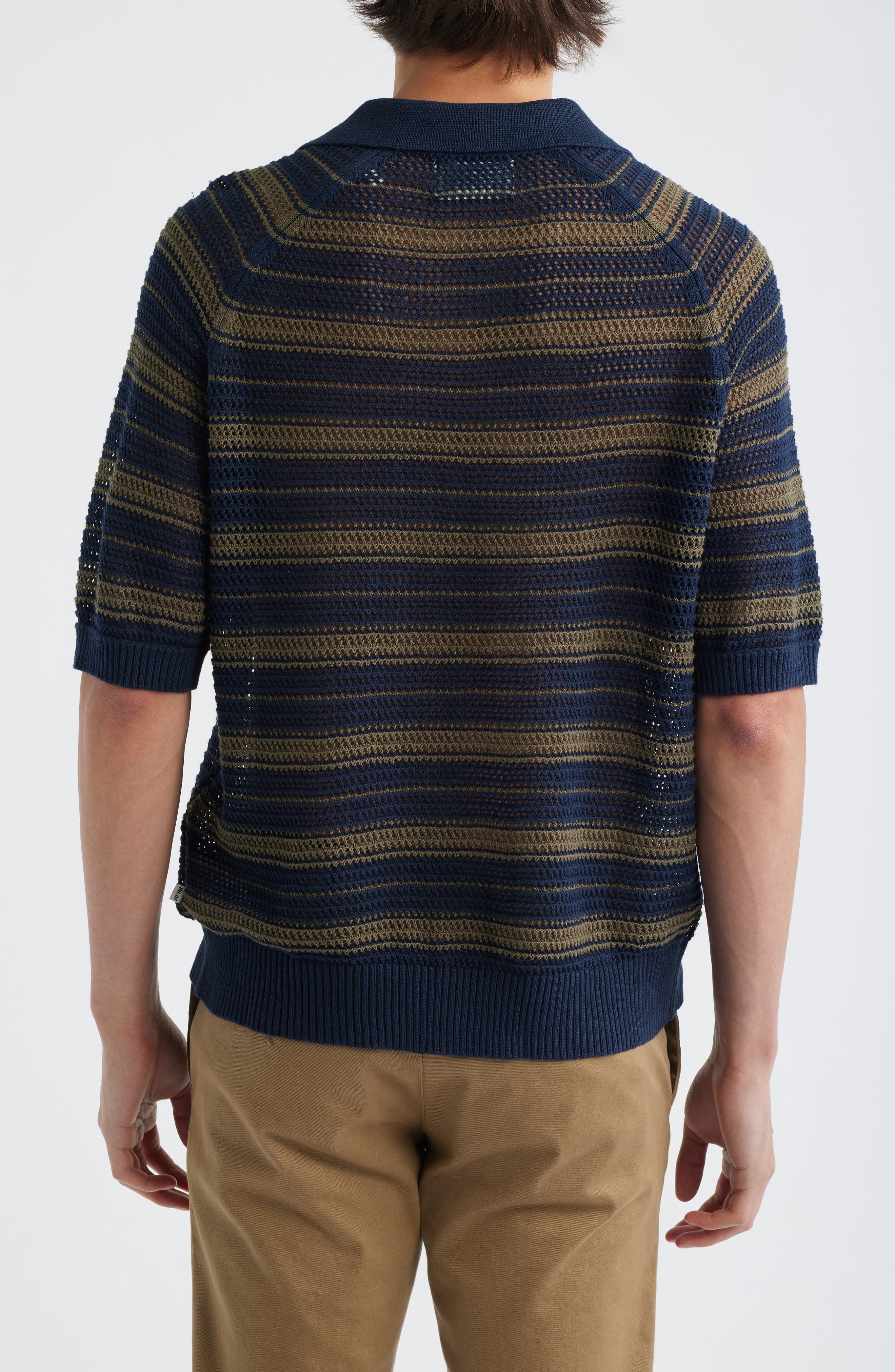 Cale 60056 Stripe Johnny Collar Openwork Linen & Cotton Polo Sweater - image 2