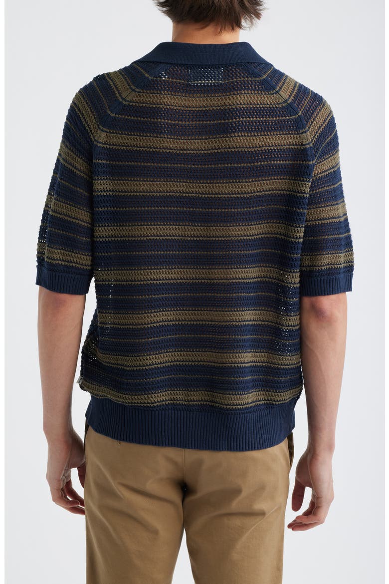 Cale 60056 Stripe Johnny Collar Openwork Linen & Cotton Polo Sweater, Alternate, color, CAPERS STRIPE
