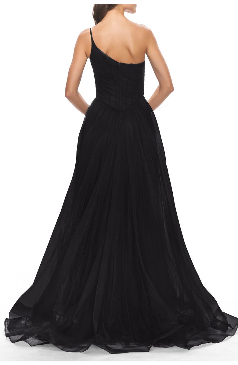 La Femme One Shoulder A-Line Tulle Gown with Sheer Bodice, Alternate, color, Black
