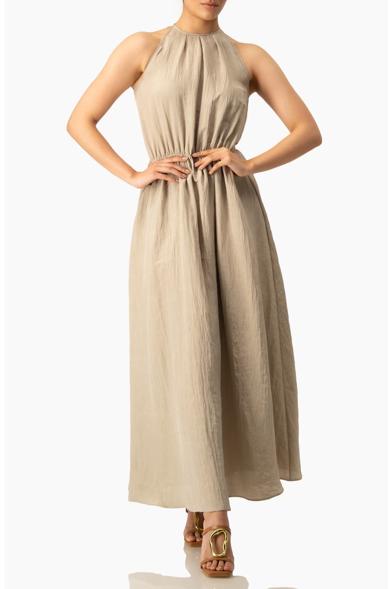 Sleeveless Crinkle Halter Maxi Dress with Cinched Waist A-Line, Alternate, color, Sand