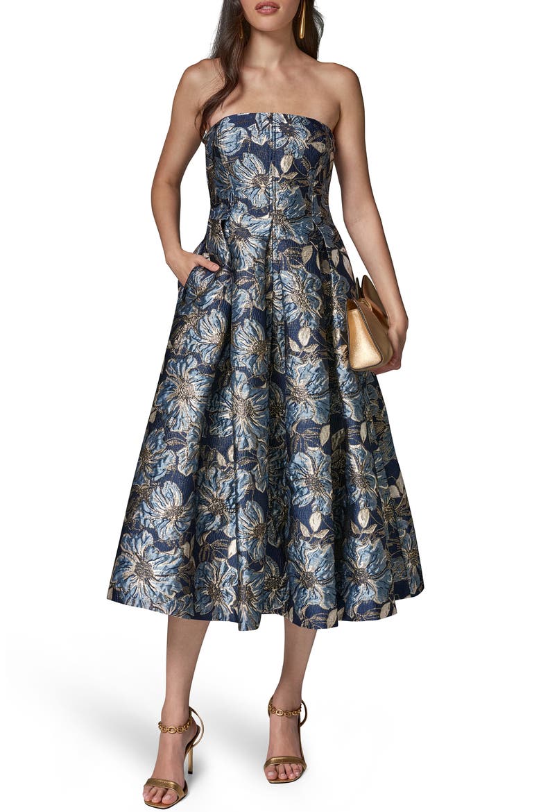 Strapless Jacquard Midi Dress, Main, color, NIGHTFALL