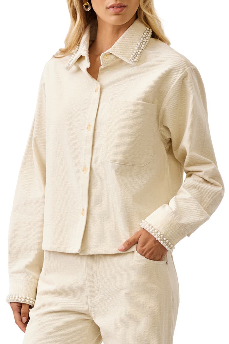 Pearly Embellished Corduroy Shirtjacket, Alternate, color, BONE