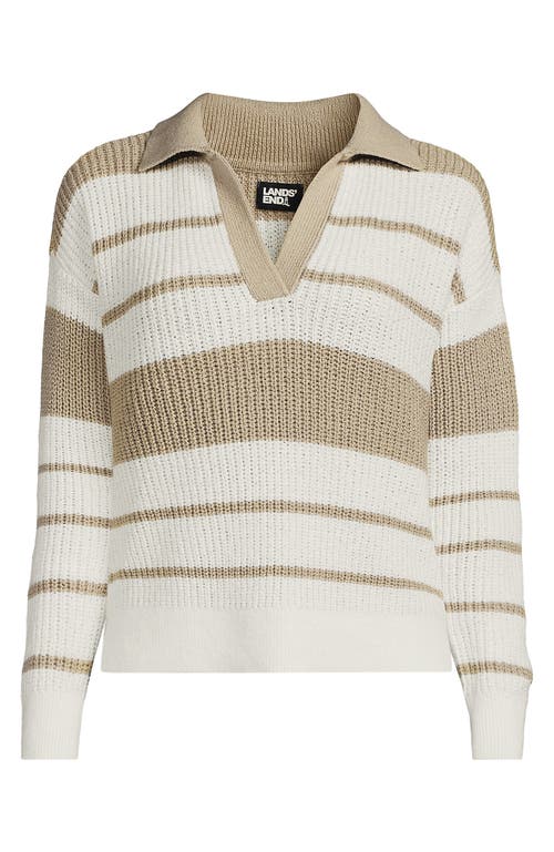 Lands' End Cotton Boucle Johnny Collar Textured Sweater In Ivory/champagne Stripe