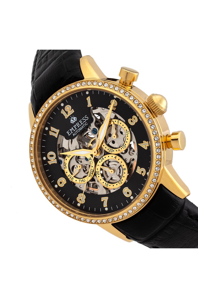 Beatrice Automatic Skeleton Dial Leather-Band Watch with Day & Date, Alternate, color, Metallic Gold