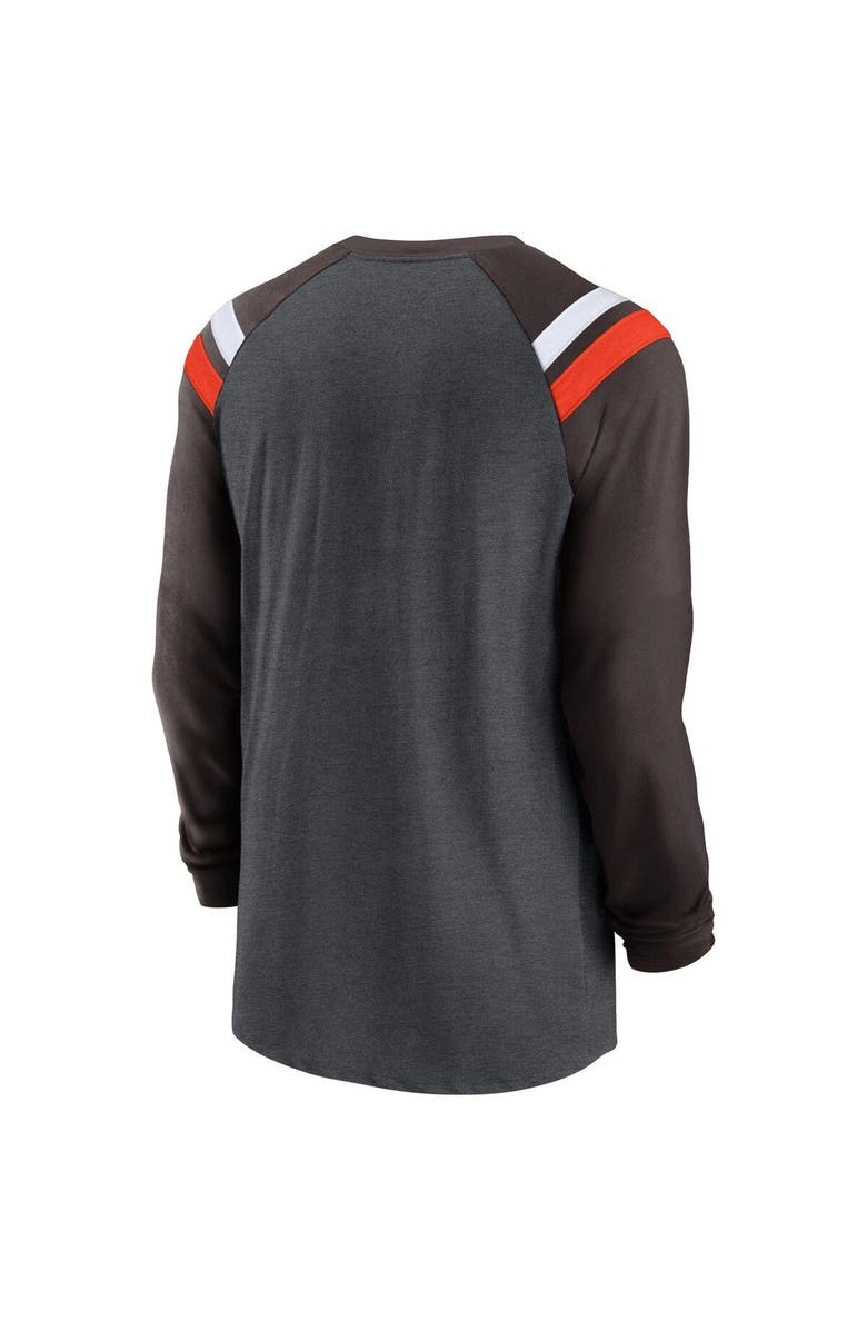 Nike Men's Nike Heathered Charcoal/Brown Cleveland Browns Tri-Blend Raglan Athletic Long Sleeve Fashion T-Shirt, Alternate, color,