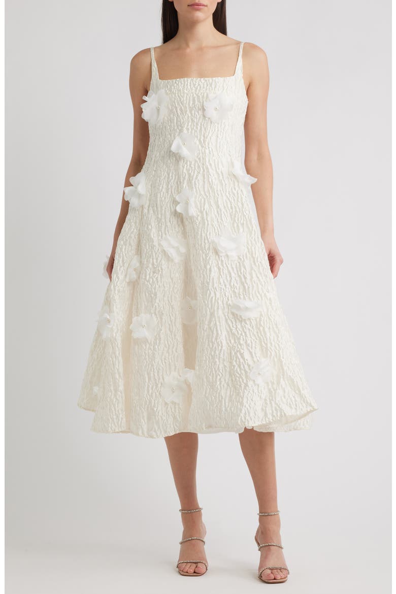 Petunia Bloom Sleeveless Satin Midi Dress, Main, color, WHITE