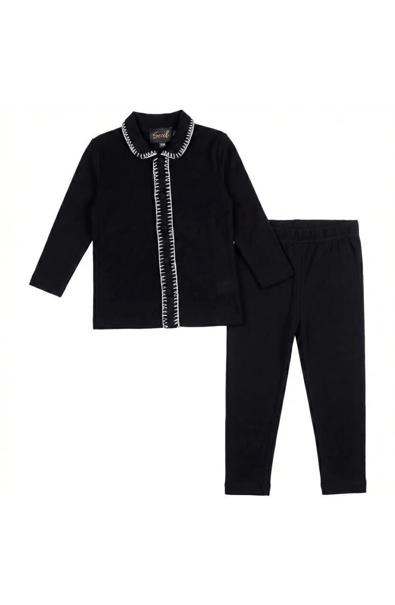 Seal Rick Rack Button Front Top and Elastic Waist Pants Two Piece Set, Main, color, Black/White
