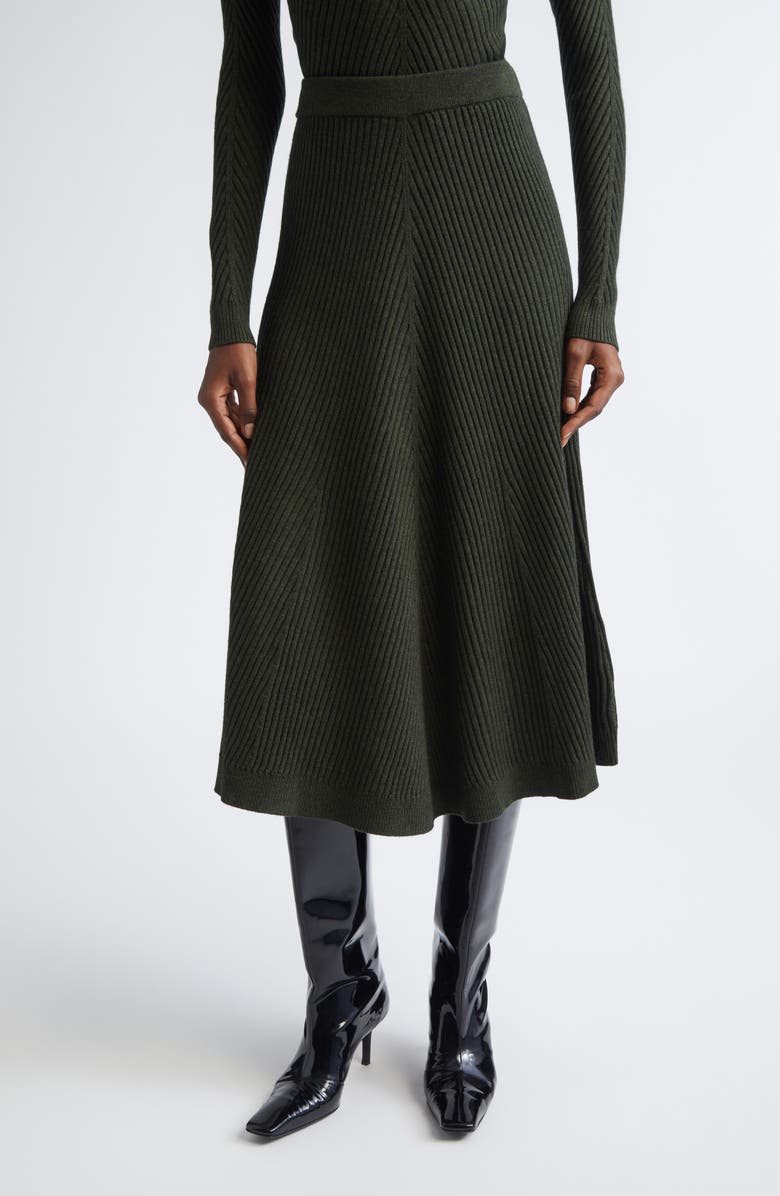Victoria Beckham Merino Wool Rib A-Line Midi Skirt, Main, color, Oregano