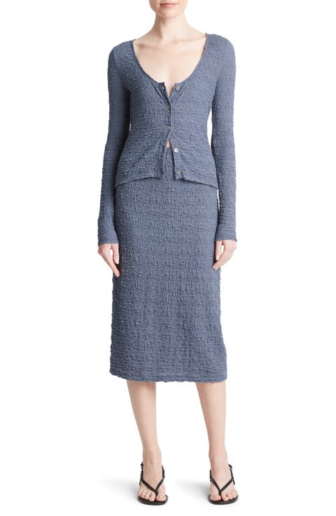 Smocked Cotton Blend Midi Skirt