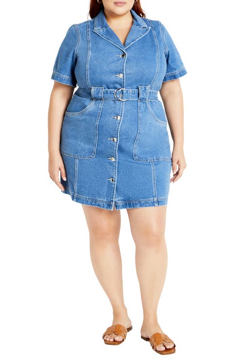 Aleah Belted Denim Button-Up Shirtdress (Plus)