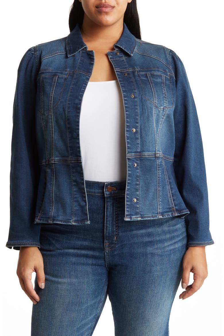 Peplum Denim Jacket, Main, color, BLUE