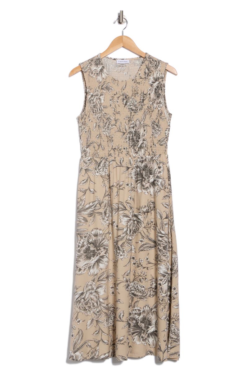 Calvin Klein Floral Sleeveless Smocked Fit & Flare Midi Dress, Alternate, color, Taupe Multi