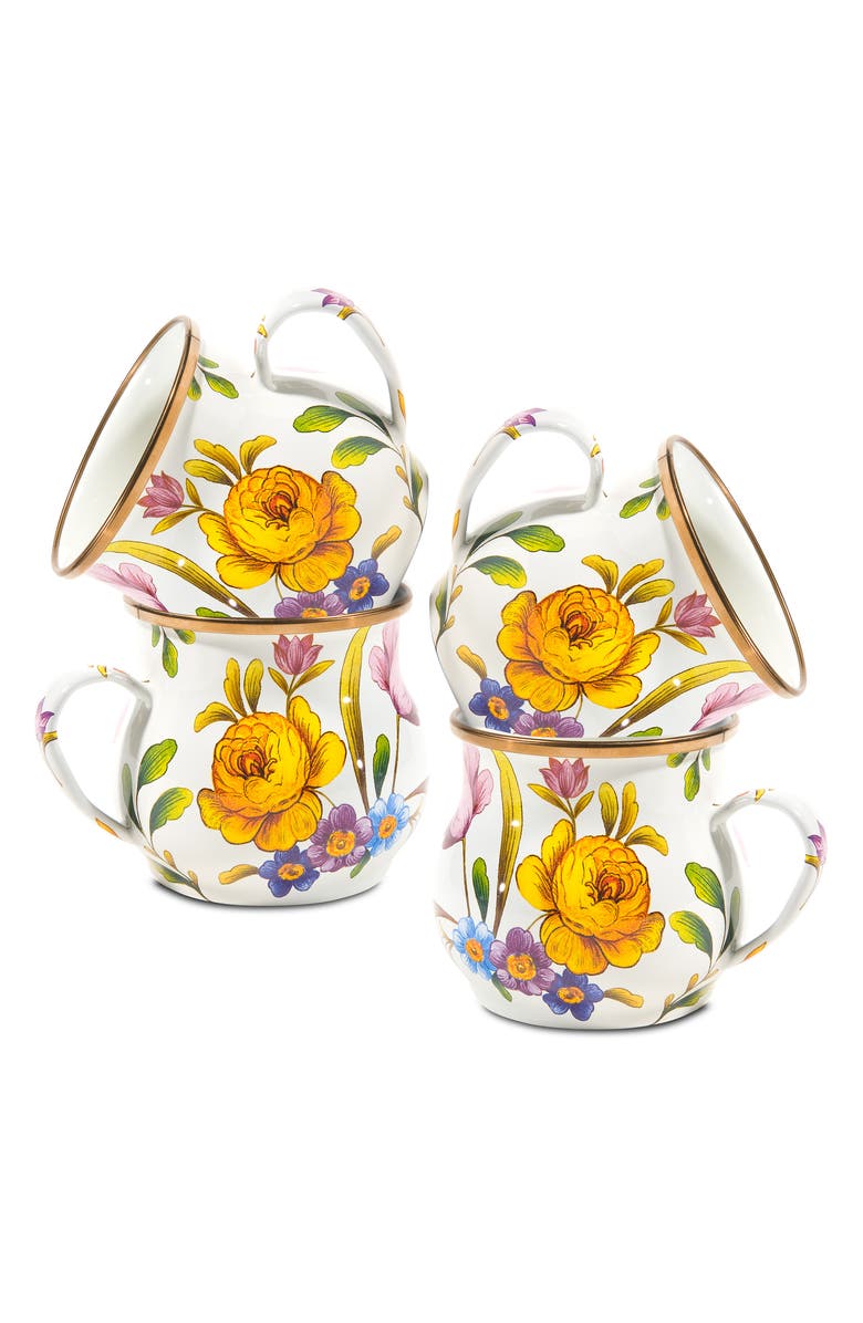MACKENZIE CHILDS Flower Market Set of 4 Enameled Steel Mugs, Alternate, color, White Multi