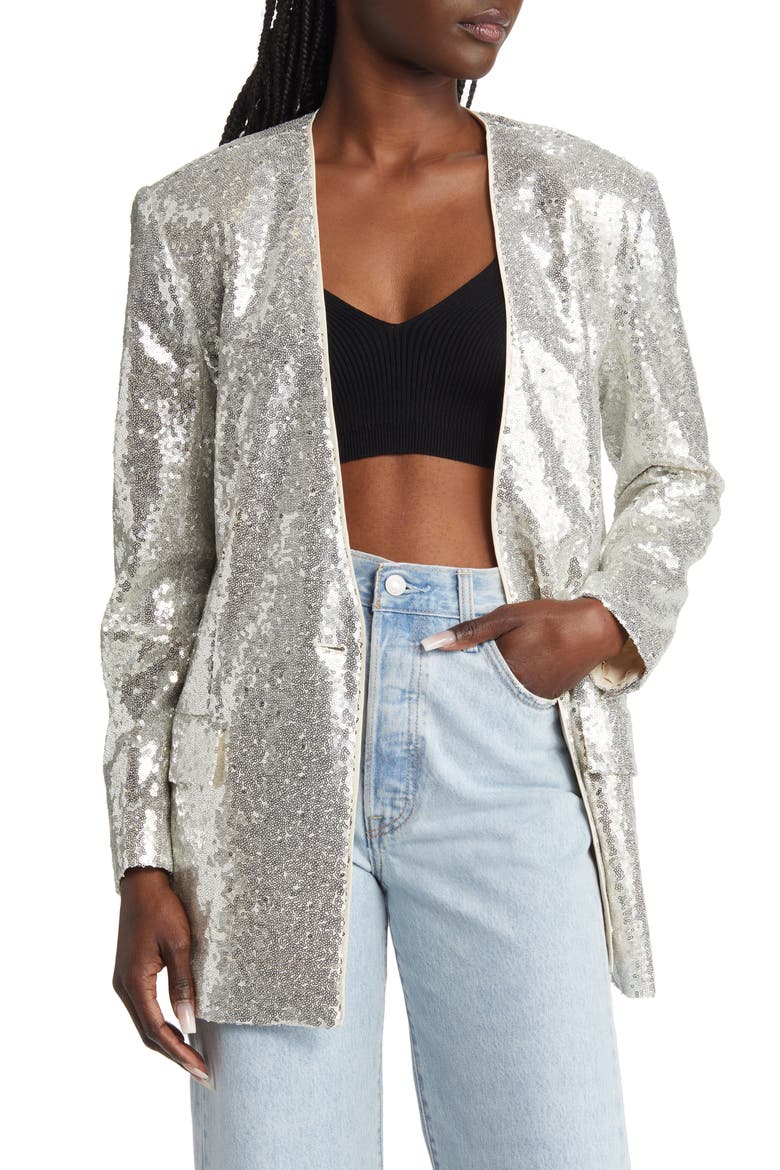 Sequin Blazer, Main, color, BEIGE- SILVER