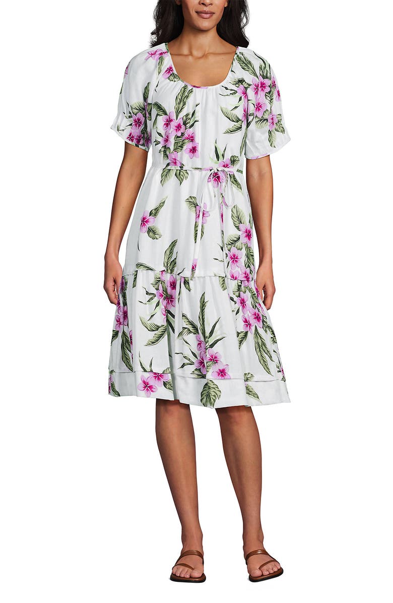 Lands' End Puff Sleeve Pleated Linen Knee Length Dress, Alternate, color, 