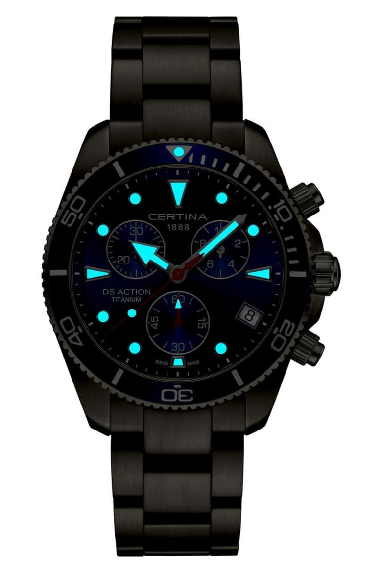 DS Action Chronograph Swiss Quartz Bracelet Watch, 42mm, Alternate, color, TITANIUM / BLUE DIAL